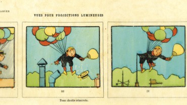 Planche de vues récréatives extraite de la revue "Après l'école" pour lanterne d'enseignement : "Le Dirigeable" par Benjamin Rabier
